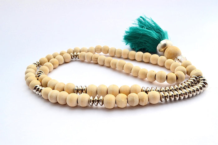 SONO WOOD & CREMA STONE SHELL STACKED TASSEL NECKLACE