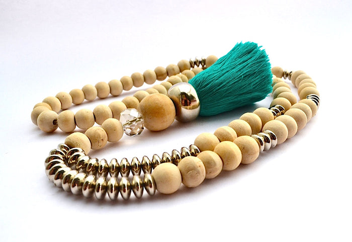SONO WOOD & CREMA STONE SHELL STACKED TASSEL NECKLACE