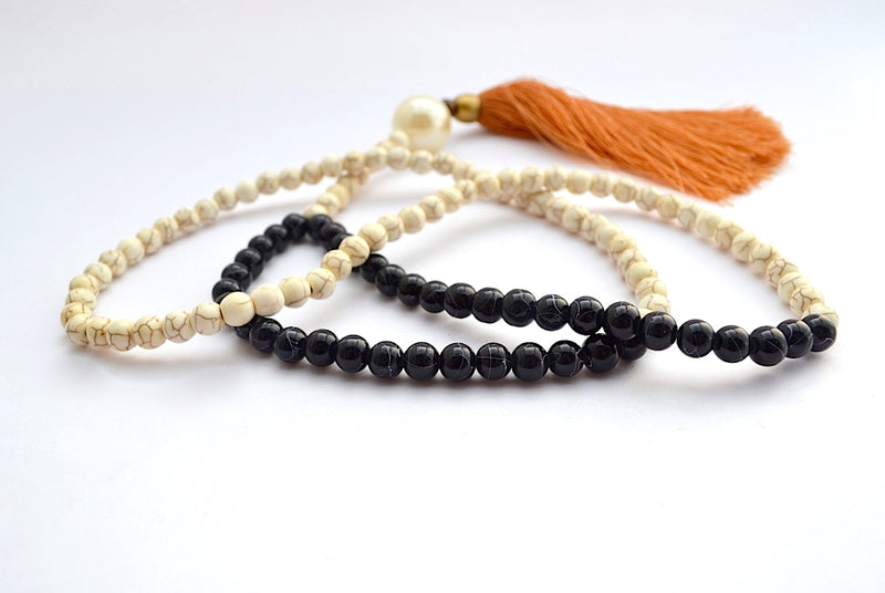 DUAL CREMA STONE & ONYX BEADS LARGE FAUX PEARLY BALL W LONG BURNT ORANGE TASSEL NECKLACE