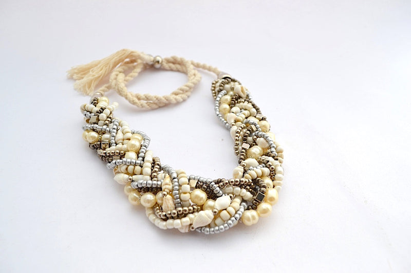 MULTI BRONZE METALLIC SILVER BEADS FAUX PEARL SHELL BRAIDED NECKLACE W ADJUSTABLE STRING