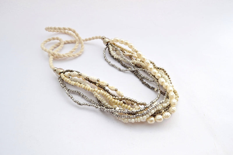 MULTI STRANDS METALLIC SILVER BEADS FAUX PEARL SHELL W STRING NECKLACE W ADJUSTABLE STRING