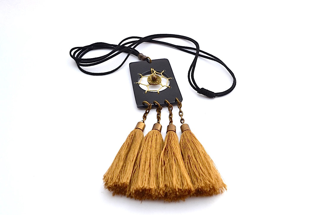 LEATHER STRANDS CHINESE GOLD COIN CENTERED W 4 BRONZE TASSEL NECKLACE
