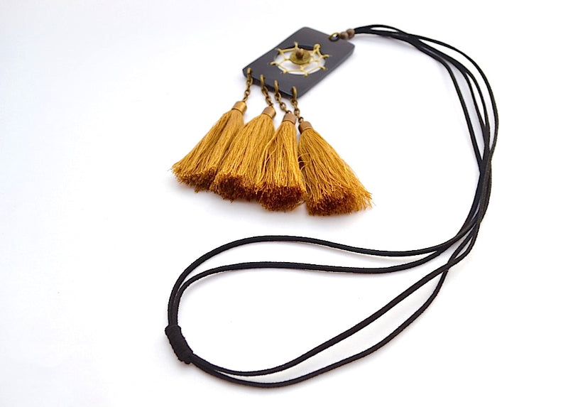 LEATHER STRANDS CHINESE GOLD COIN CENTERED W 4 BRONZE TASSEL NECKLACE