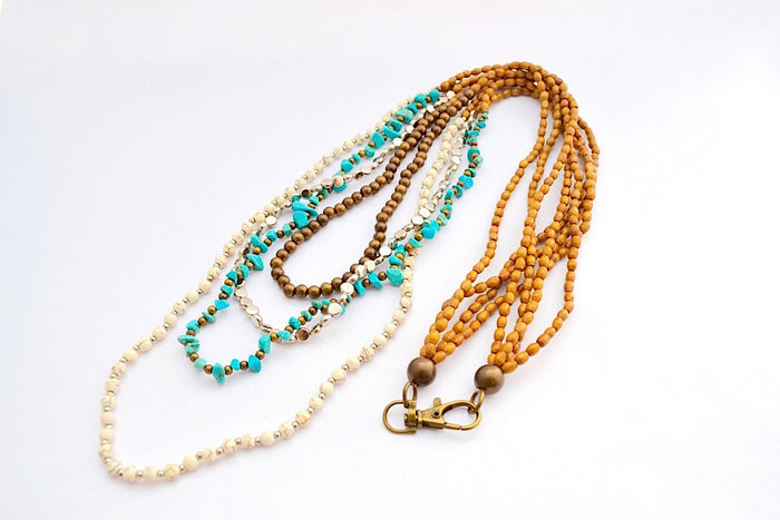 MULTI STRAND WOODEN SYNTHETIC CREAM STONE BRONZE & TURQUOISE BEADS COMBO NECKLACE