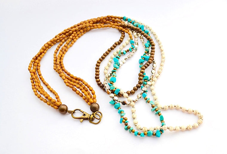 MULTI STRAND WOODEN SYNTHETIC CREAM STONE BRONZE & TURQUOISE BEADS COMBO NECKLACE