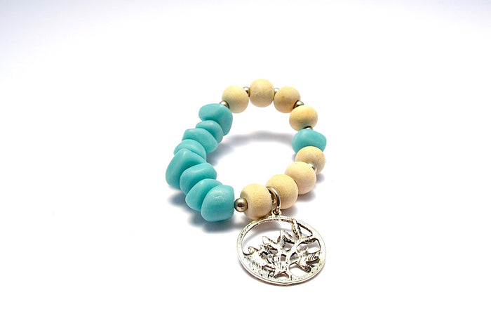 SONO WOOD ROUND BEADS WITH RESIN STONES & TREE OF LIFE BANGLE