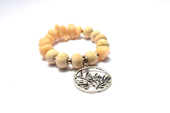 SONO WOOD ROUND BEADS WITH RESIN STONES & TREE OF LIFE BANGLE