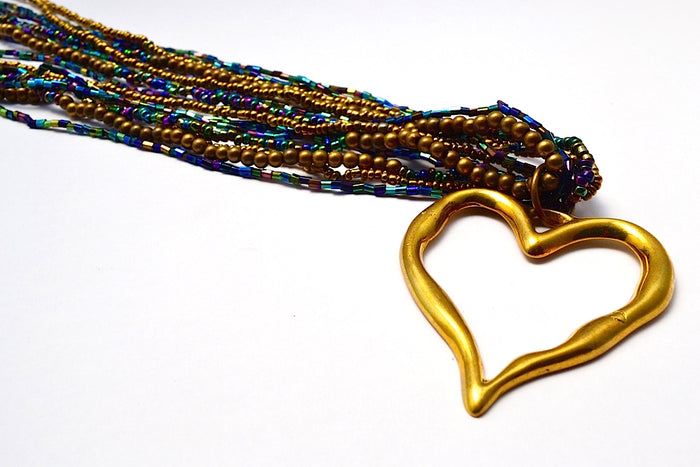 LONG MULTI STRANDS BRONZE PURPLE BLUES & GOLD BEAD NECKLACE W A BRONZE HEART BANGLE