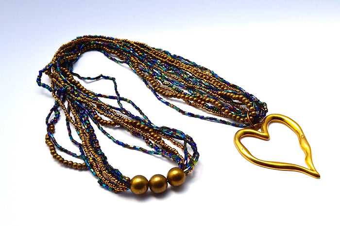 LONG MULTI STRANDS BRONZE PURPLE BLUES & GOLD BEAD NECKLACE W A BRONZE HEART BANGLE