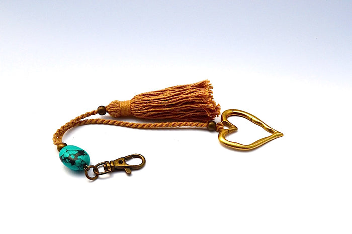 FAUX TUQUOISE STONE HEART DOUBLE STRING TASSEL KEYCHAIN