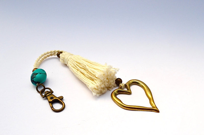 FAUX TUQUOISE STONE HEART DOUBLE STRING TASSEL KEYCHAIN